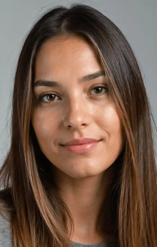 Portrait d'une femme avec des cheveux longs et bruns, souriante.